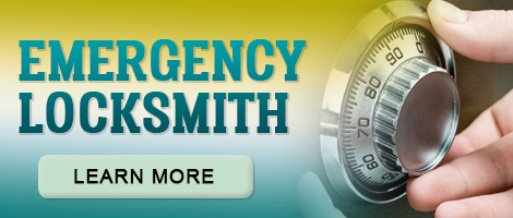 Emergency locksmith service banner with a combination lock dial